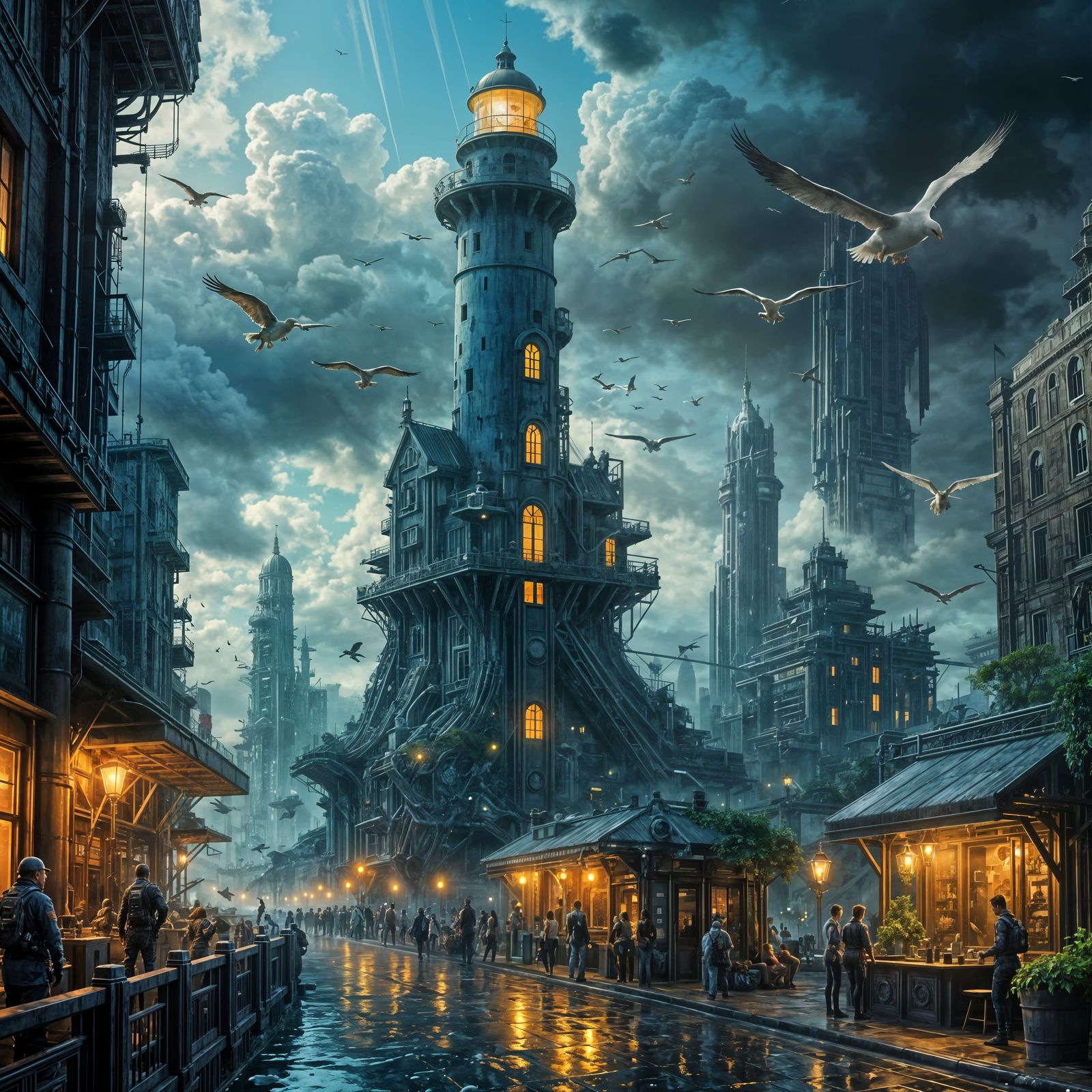Hyper-Realistic Dieselpunk Lighthouse in a Futuristic Citysc...