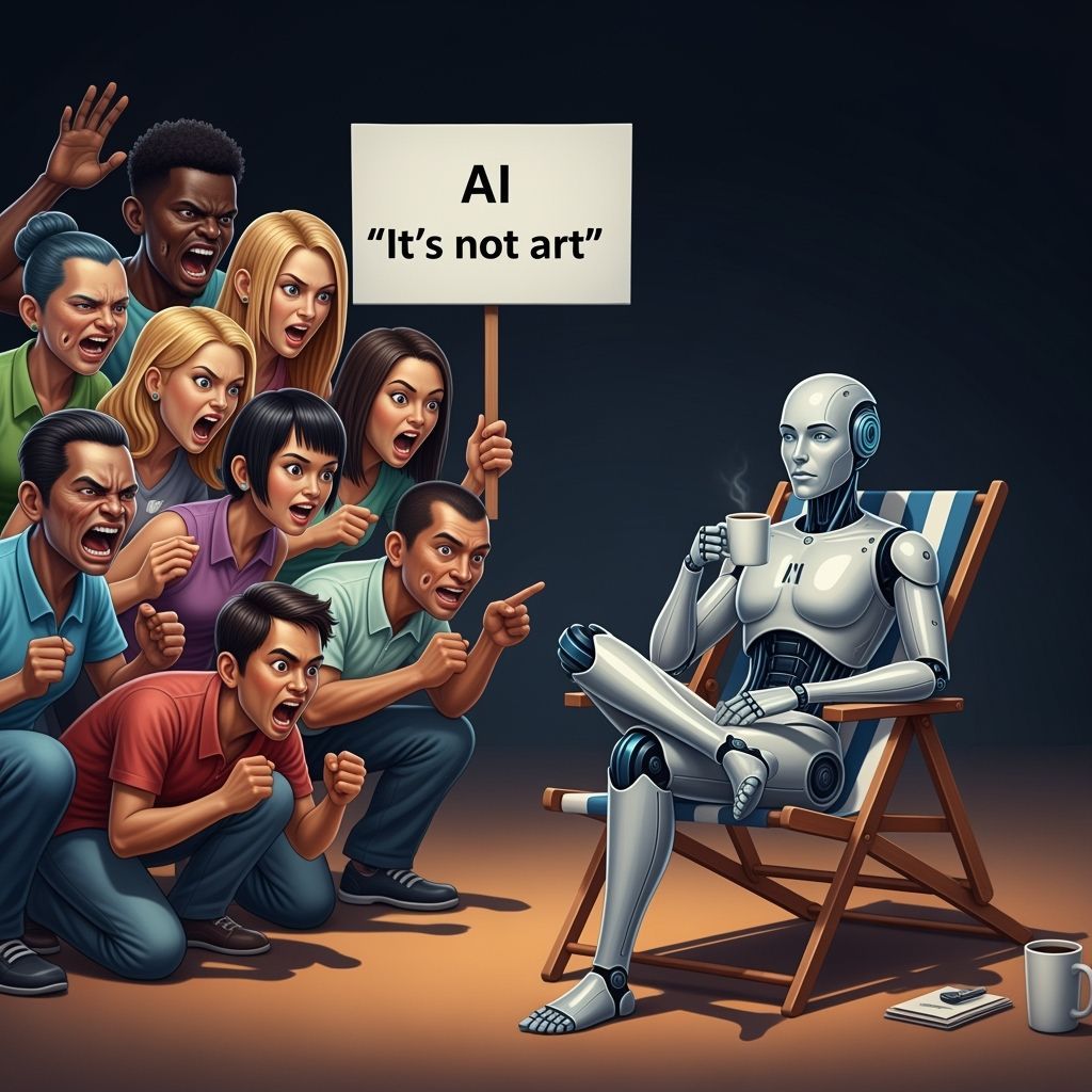 AI Robot Sips Coffee Amidst Shouting Humans