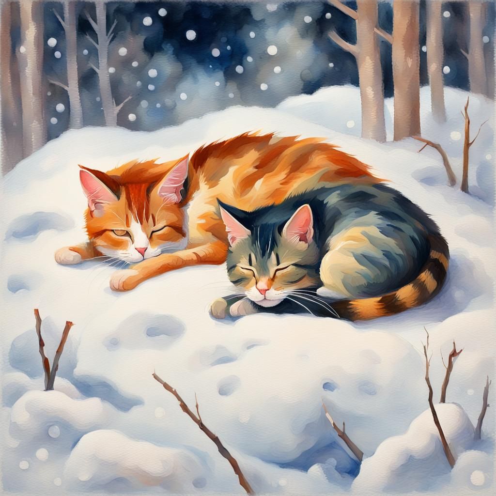Cat and Mouse Sleep in Snowy Gouache Painting