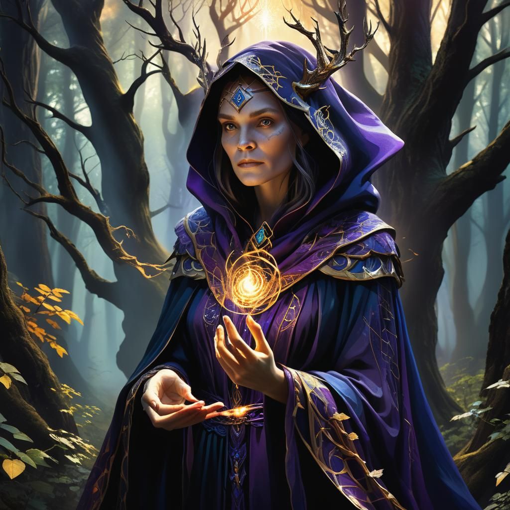 Elemental Witch Casting Spell in Mystical Forest