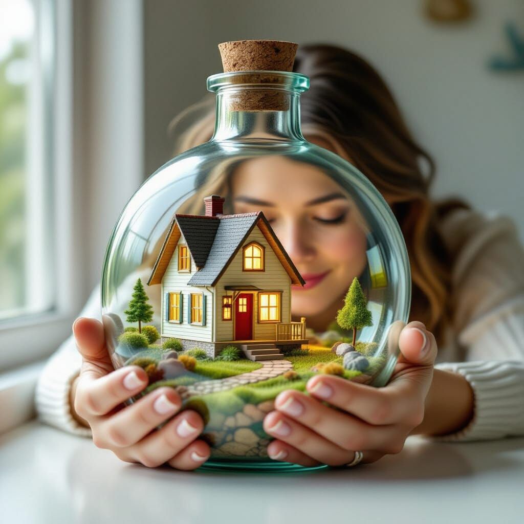 Tiny Painted House in Bottle Held by Awestruck Woman