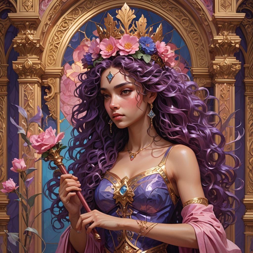 Princess Portrait with Flower Staff in Ornate Palace