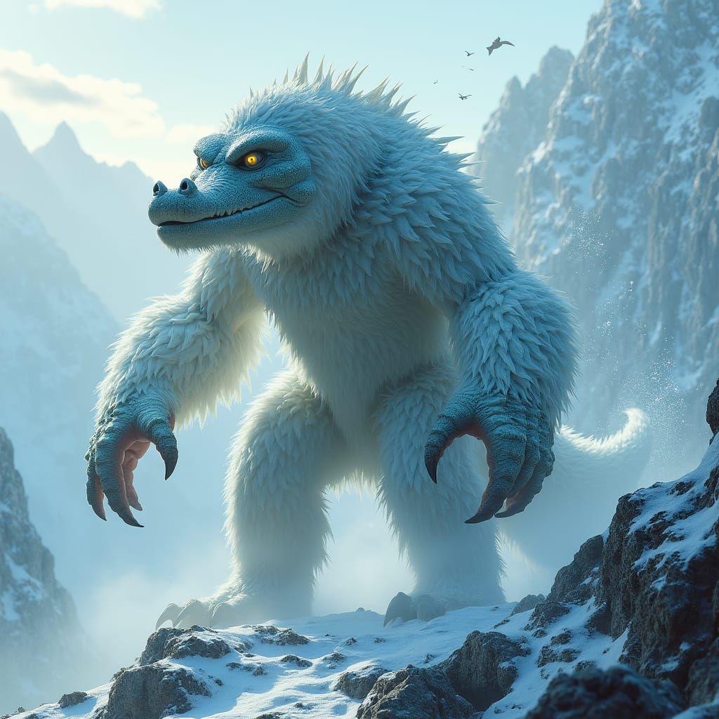 Majestic Yeti-Crocodile Hybrid on Snowy Peak