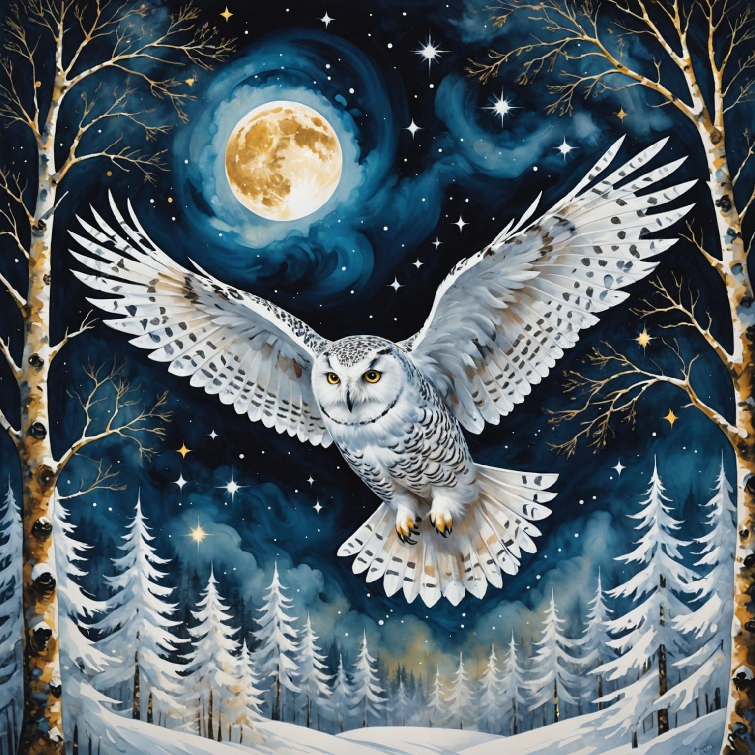 Snowy Owl Double Exposure Fantasy Landscape in Splash Art