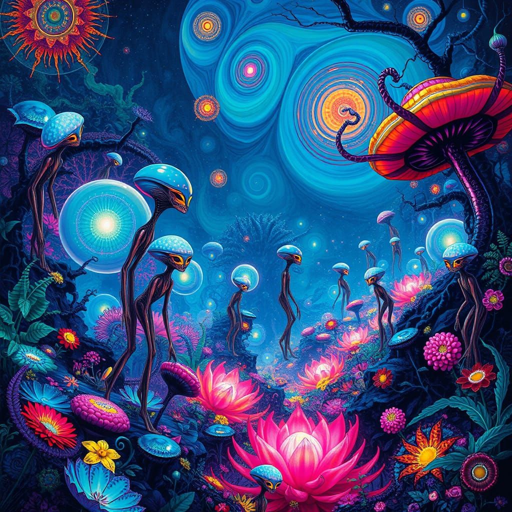 Ethereal Aliens Roam a Vibrant, Otherworldly Landscape