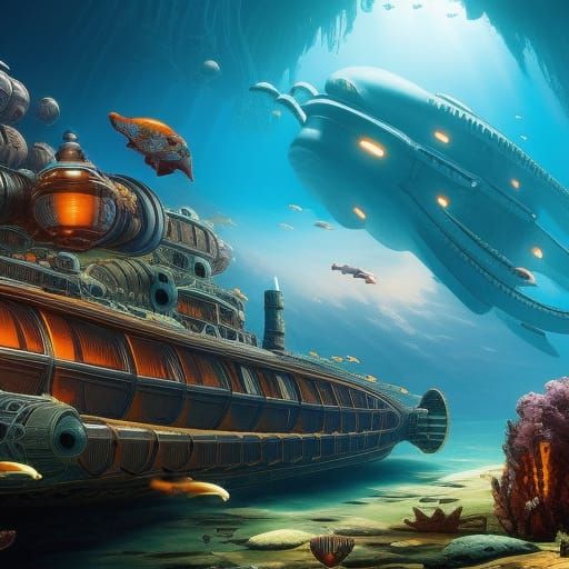 Steampunk Mecha-Whale Submarine in the Deep Sea