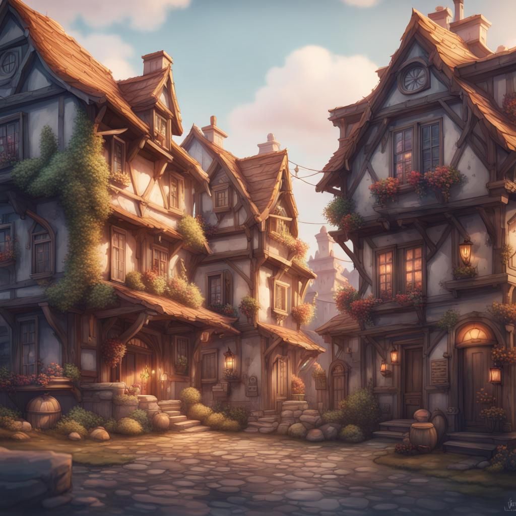 Mythical Watercolor Houses in Fantasy Neighborhood