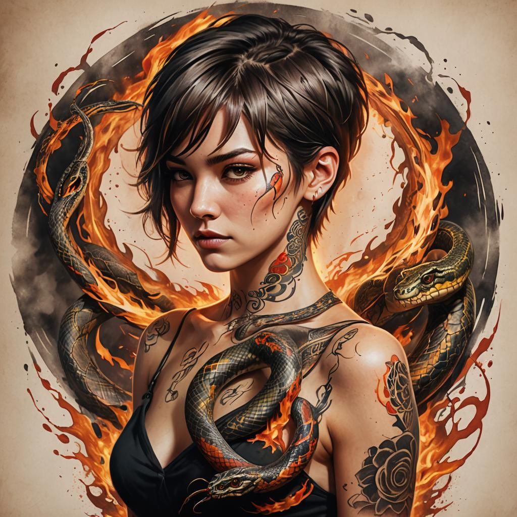 Woman with Snake Tattoo in Hyperrealistic Style