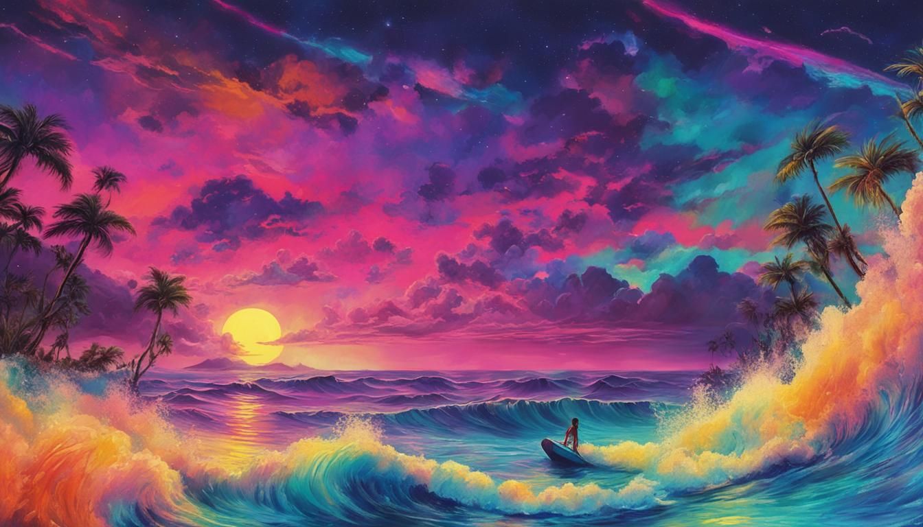 Moonlit Ocean Waves: Surreal Cyberpunk Surfing Scene