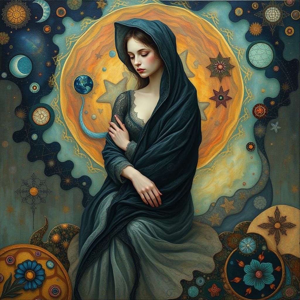 Surreal Figure Surrounded by Cosmic Textures and Patterns in...