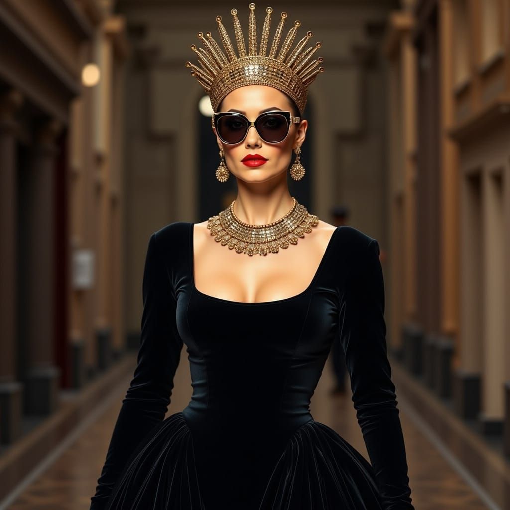 Victorian Woman in Black Velvet Dress with Gold Crown