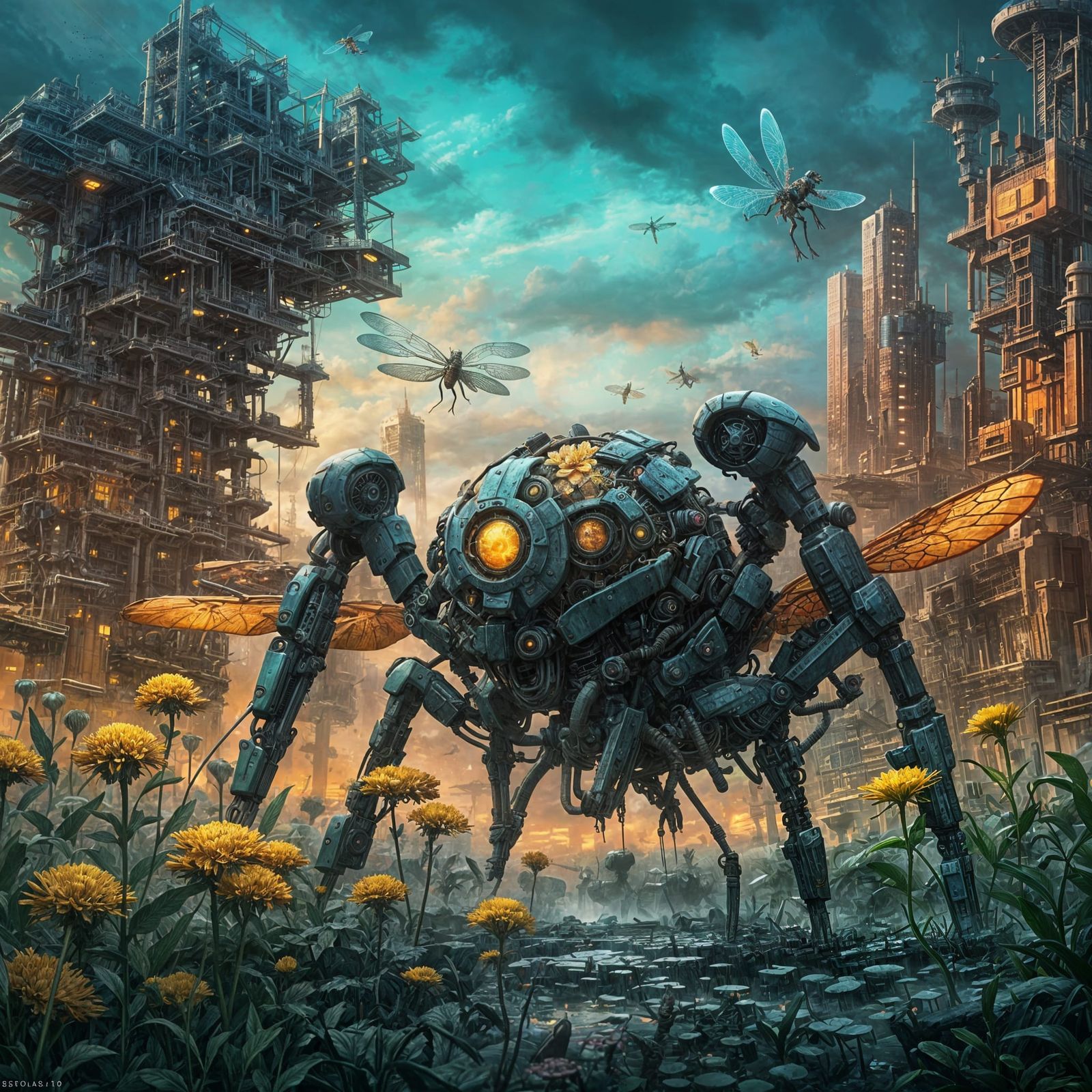 Yellow Cybernetical Flower in Post-Apocalyptic City