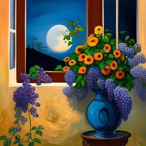Floral Bouquet by Window with Moon, Sinister Art