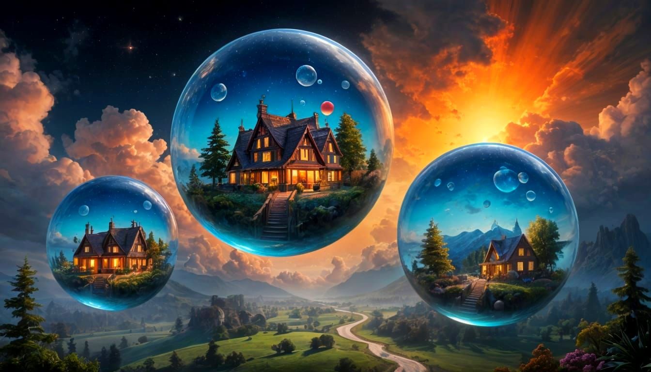Night Village Scenes Encased in Floating Bubbles