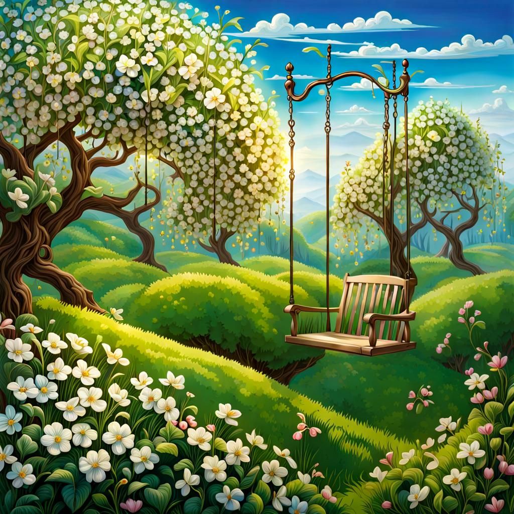 Magical Glass Swing in Spring Orchard, Cartoon Style