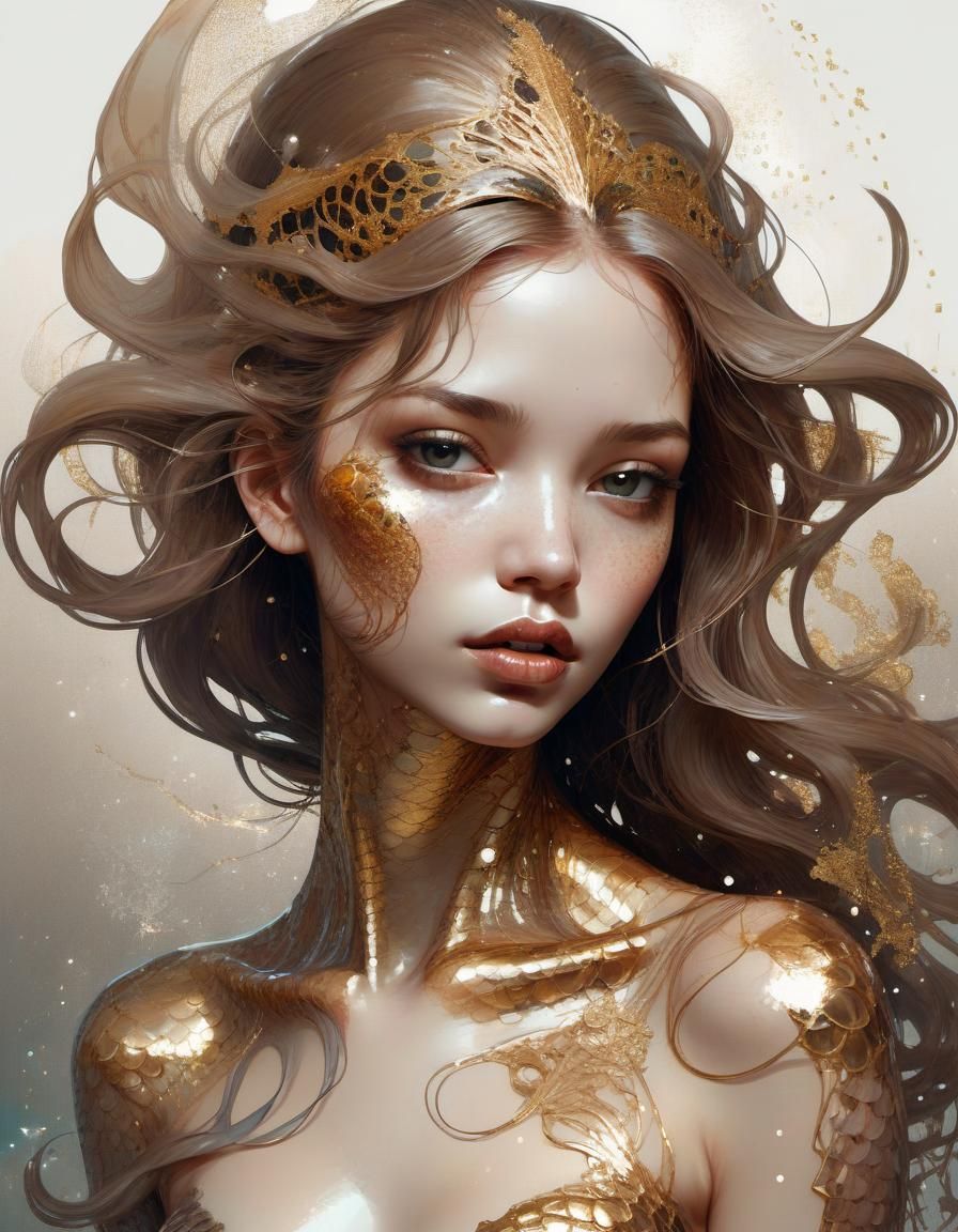 Gorgeous Mermaid Portrait with Gold Filigree