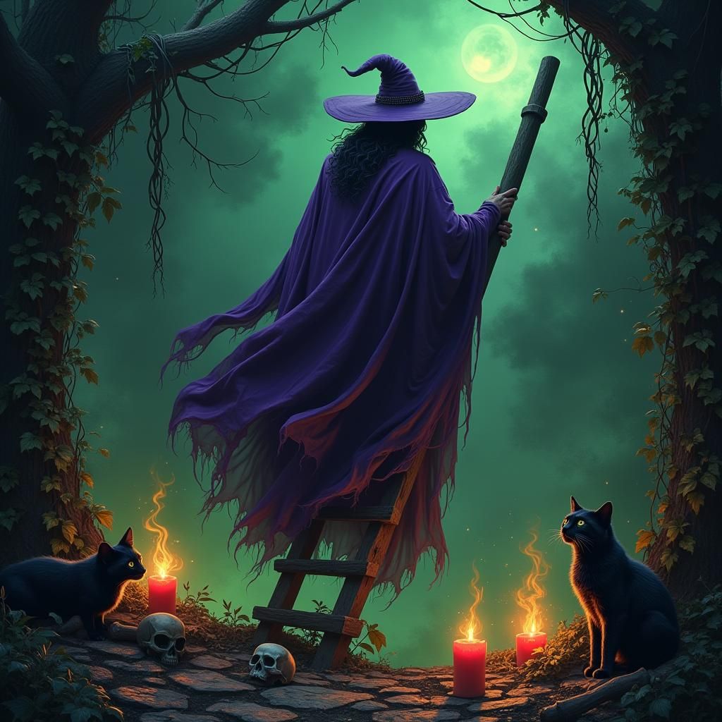 Mystical Witch on Broken Ladder in Enamel Style