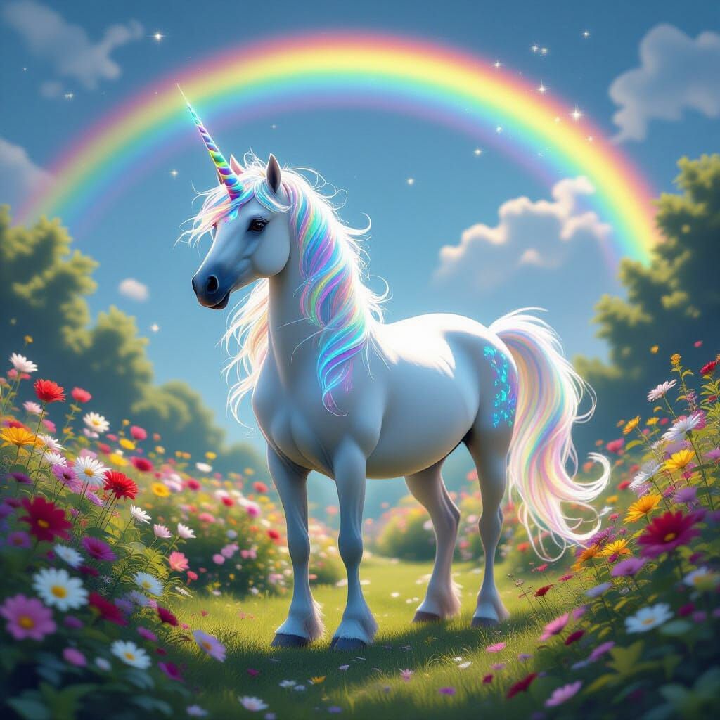 Majestic Unicorn in Rainbow Garden: Ethereal Digital Art