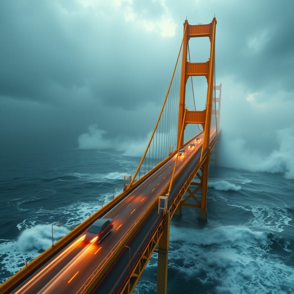 Golden Bridge Under Stormy Ocean in AAA Game Cinematic Style