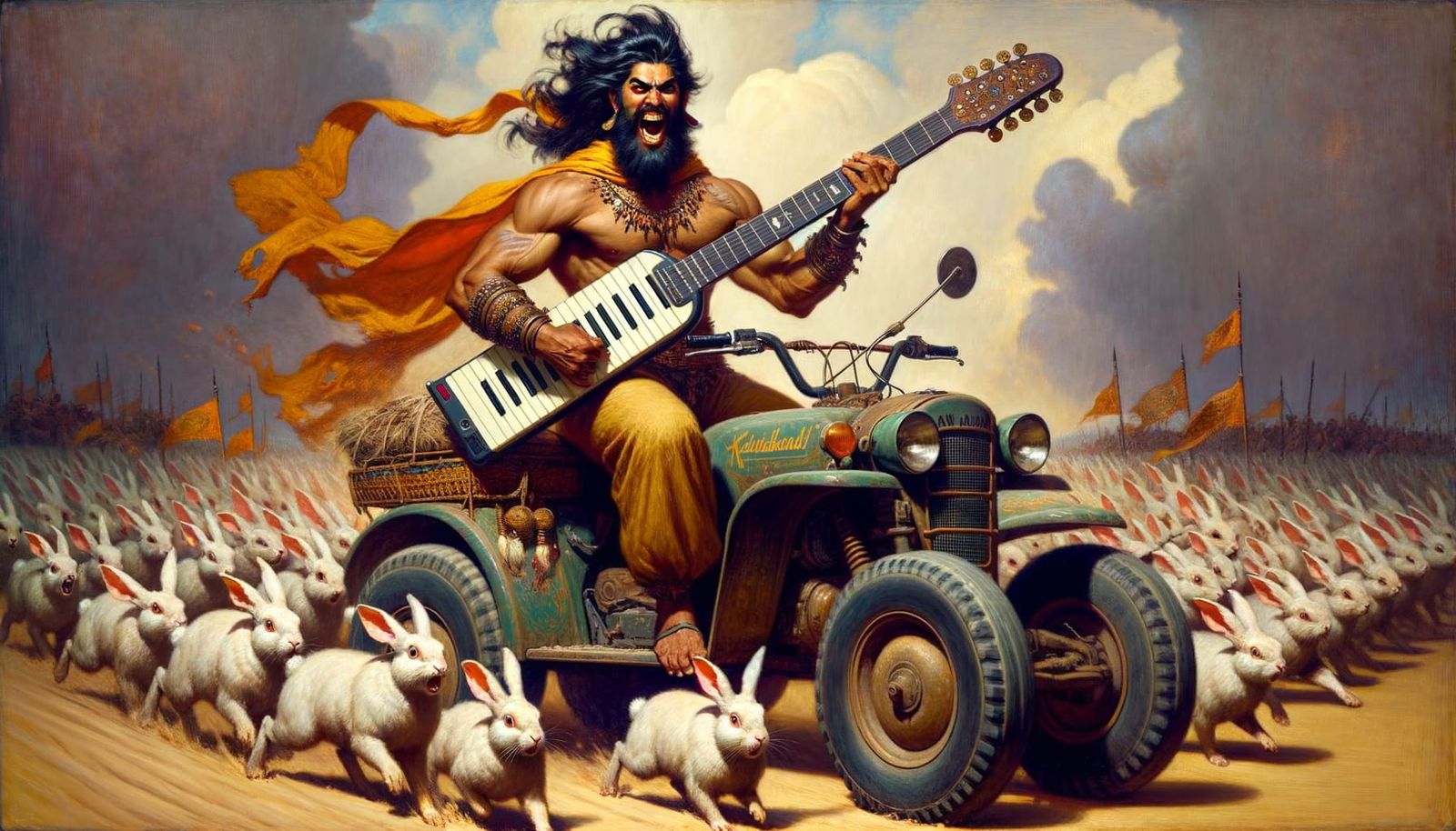 Triumphant Barbarian Warrior on Four-Wheeler with Rabbit Arm...