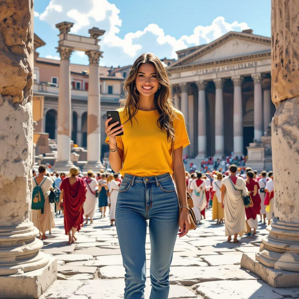 Modern Woman in Ancient Roman Forum, Hyperrealistic Style