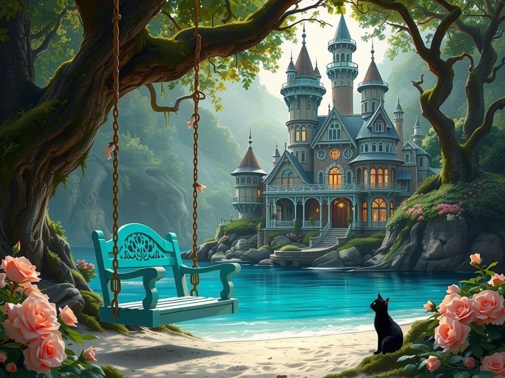 Turquoise Wooden Swing Hangs Over Castle in Enchanted Victor...
