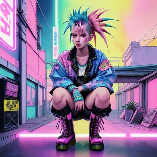 Japanese Punk in Vaporwave Watercolor Illustration