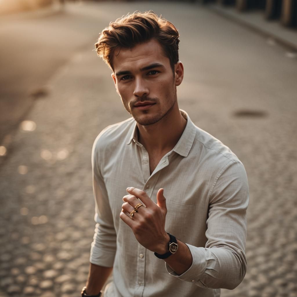 Young Man in Minidress Showing Ring, High-End Portrait