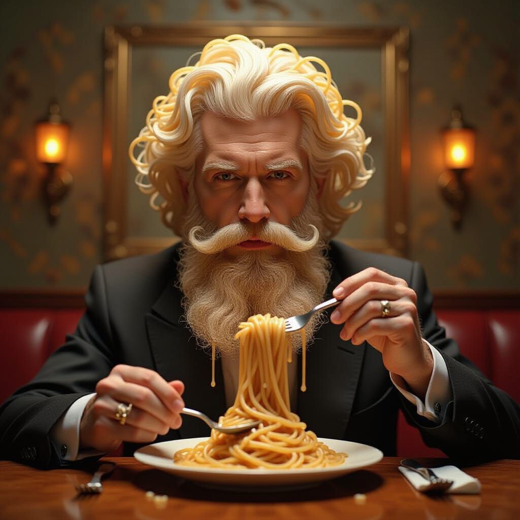 Surreal Spaghetti Beard Portrait with Golden Hour Glow
