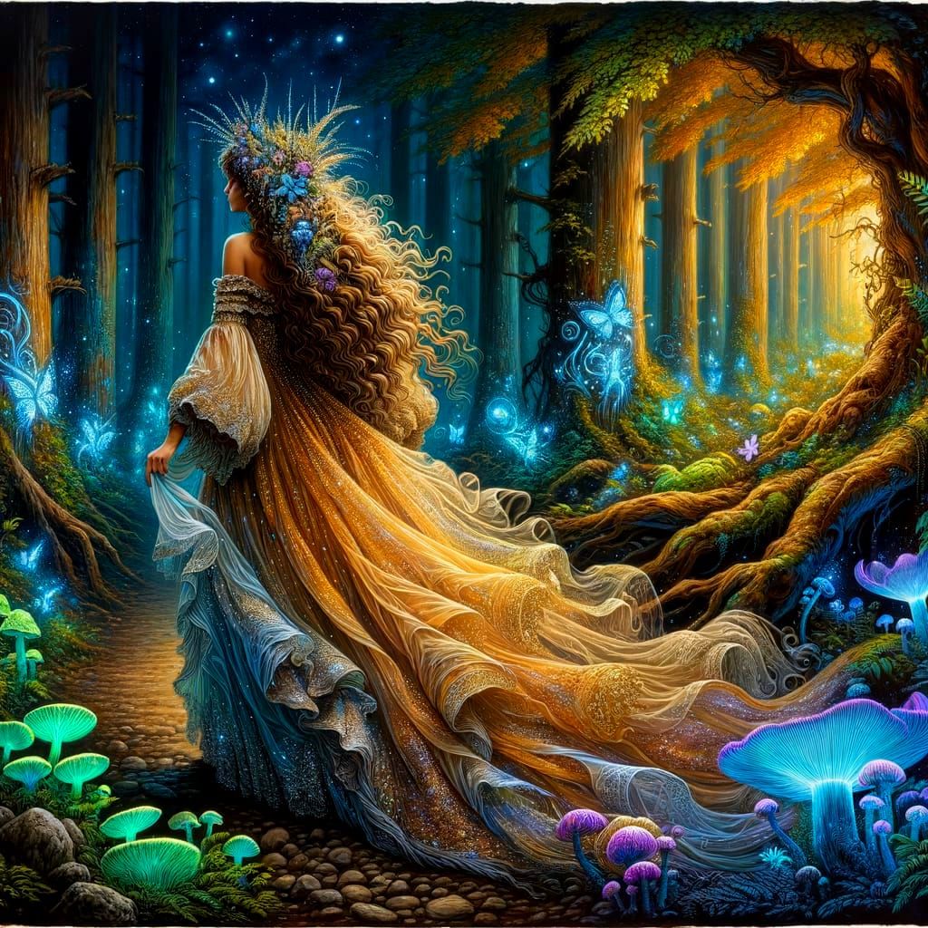 Ethereal Woman in Bioluminescent Forest, Romantic Illustrati...