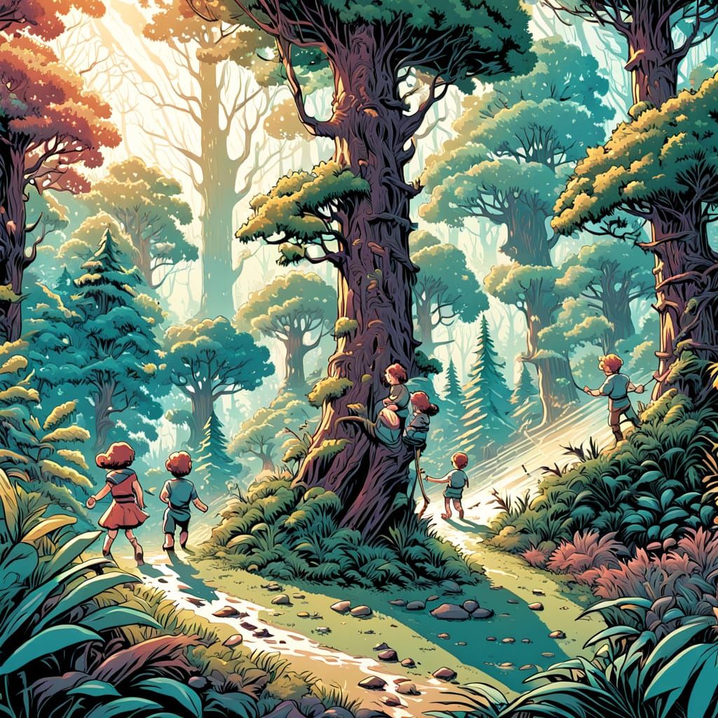 Little People's Forest Adventure in Comic Style