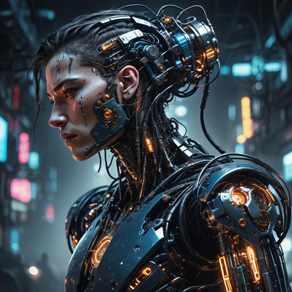 Cyberpunk Hybrid Portrait: Human and Machine Fusion