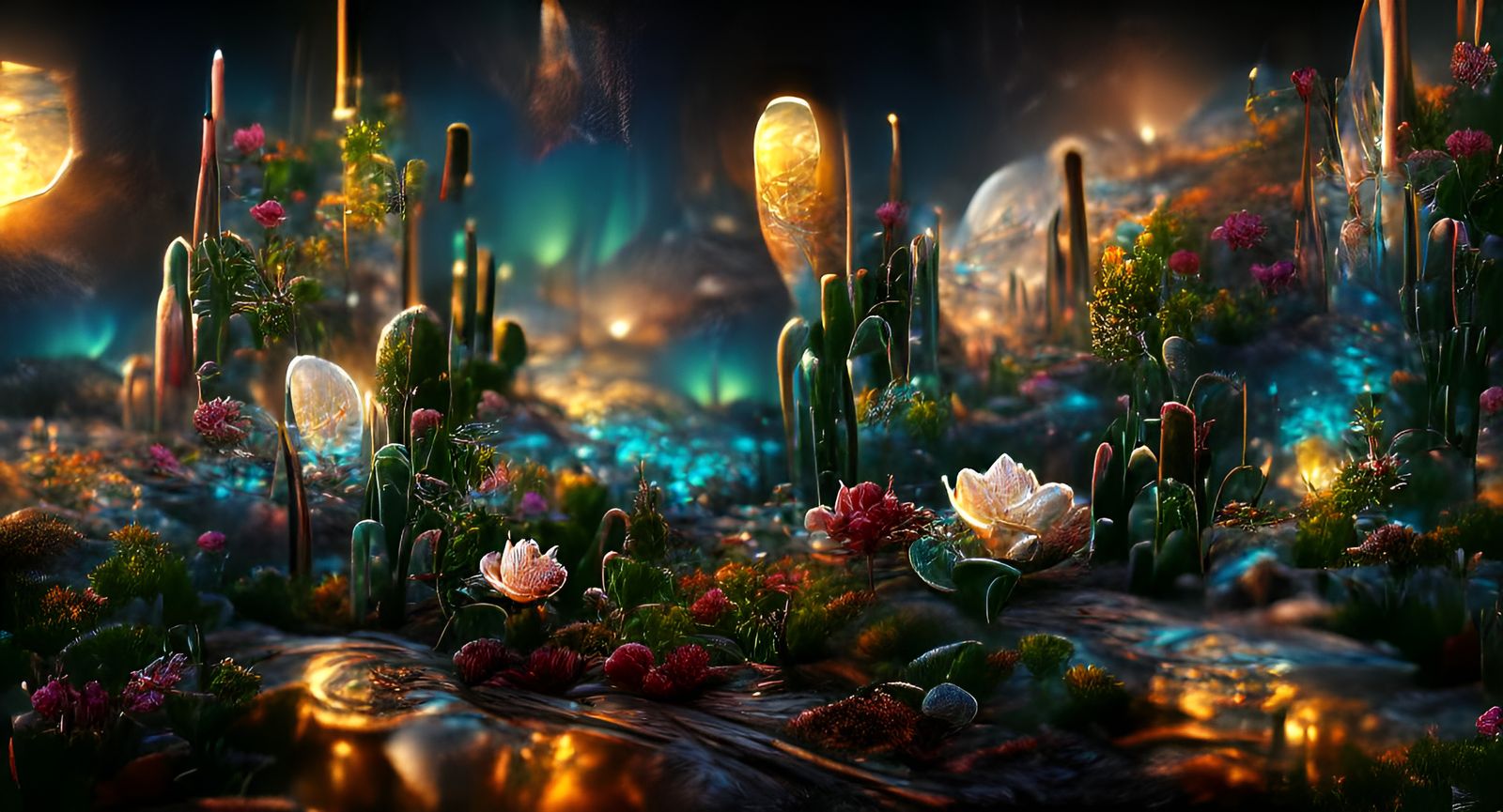 Alien Zen Garden with Cosmic Sky in Hyperrealism