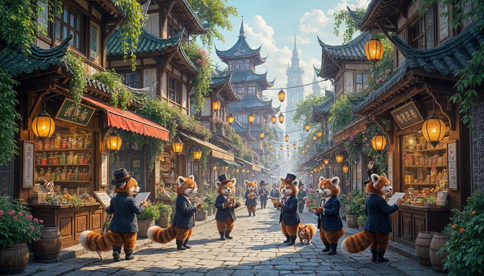 Red Pandas in Suits Conduct Business in a Magical Cityscape