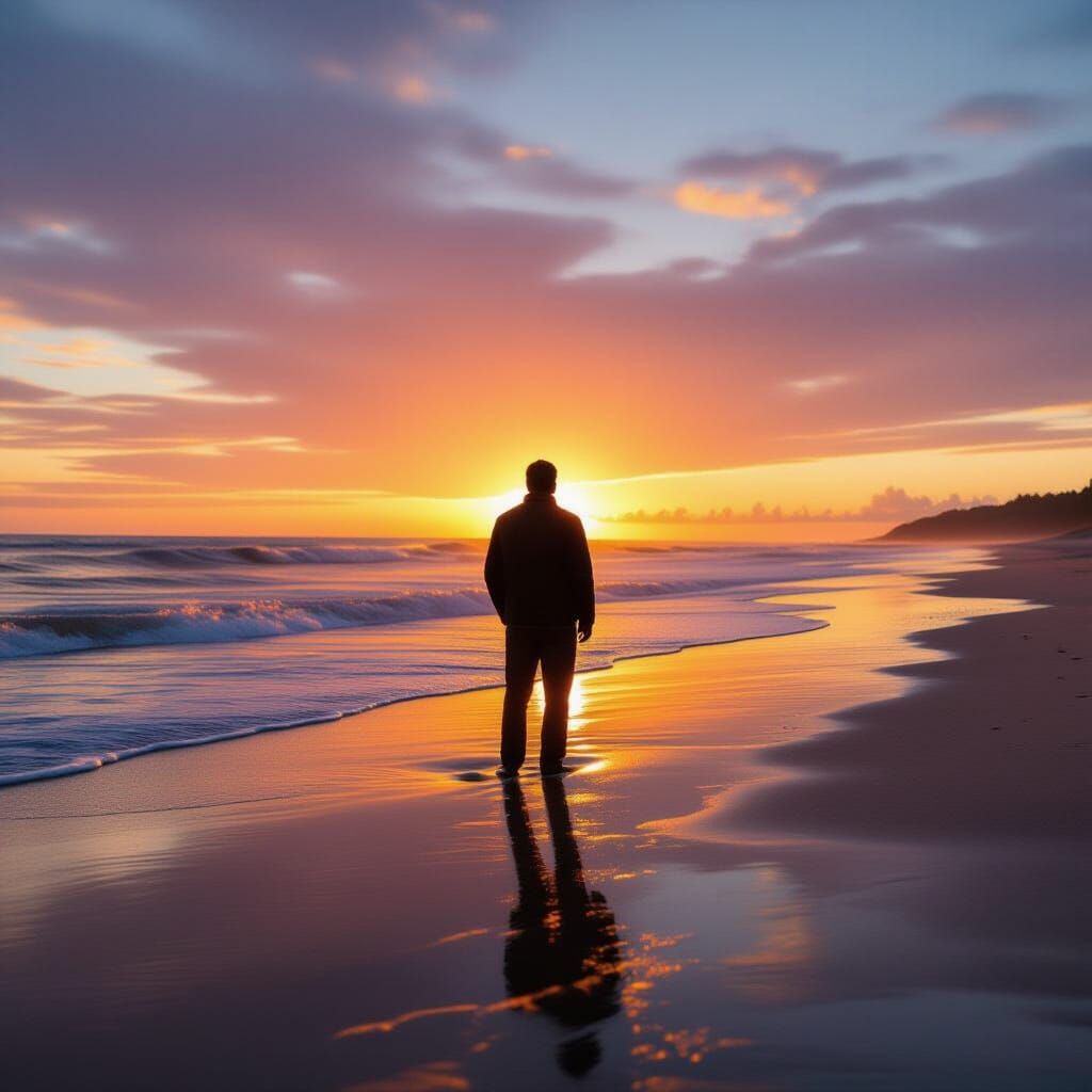 Lone Man on Beach at Vibrant Sunrise
