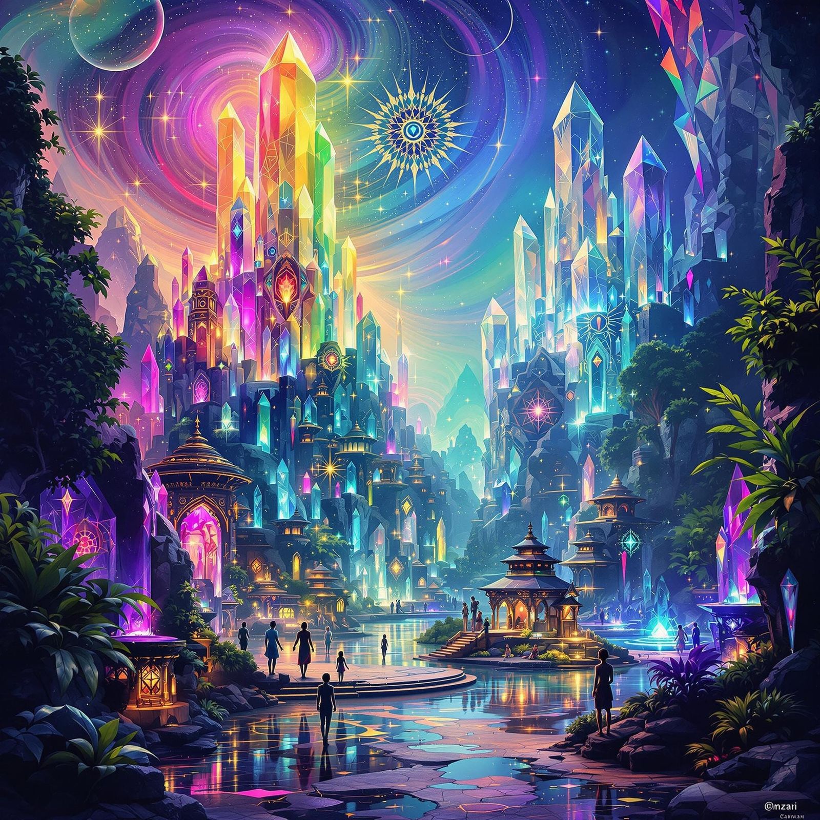 Ethereal Balinese Village in Sacred Geometry Style