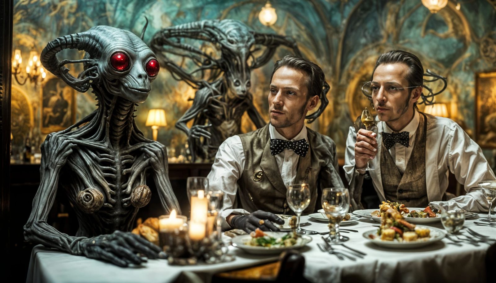 Surreal Restaurant Scene with Exotic Aliens