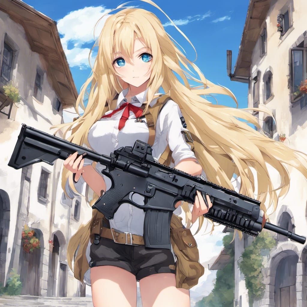 Anime Italian Girl with Machine Gun in Alps