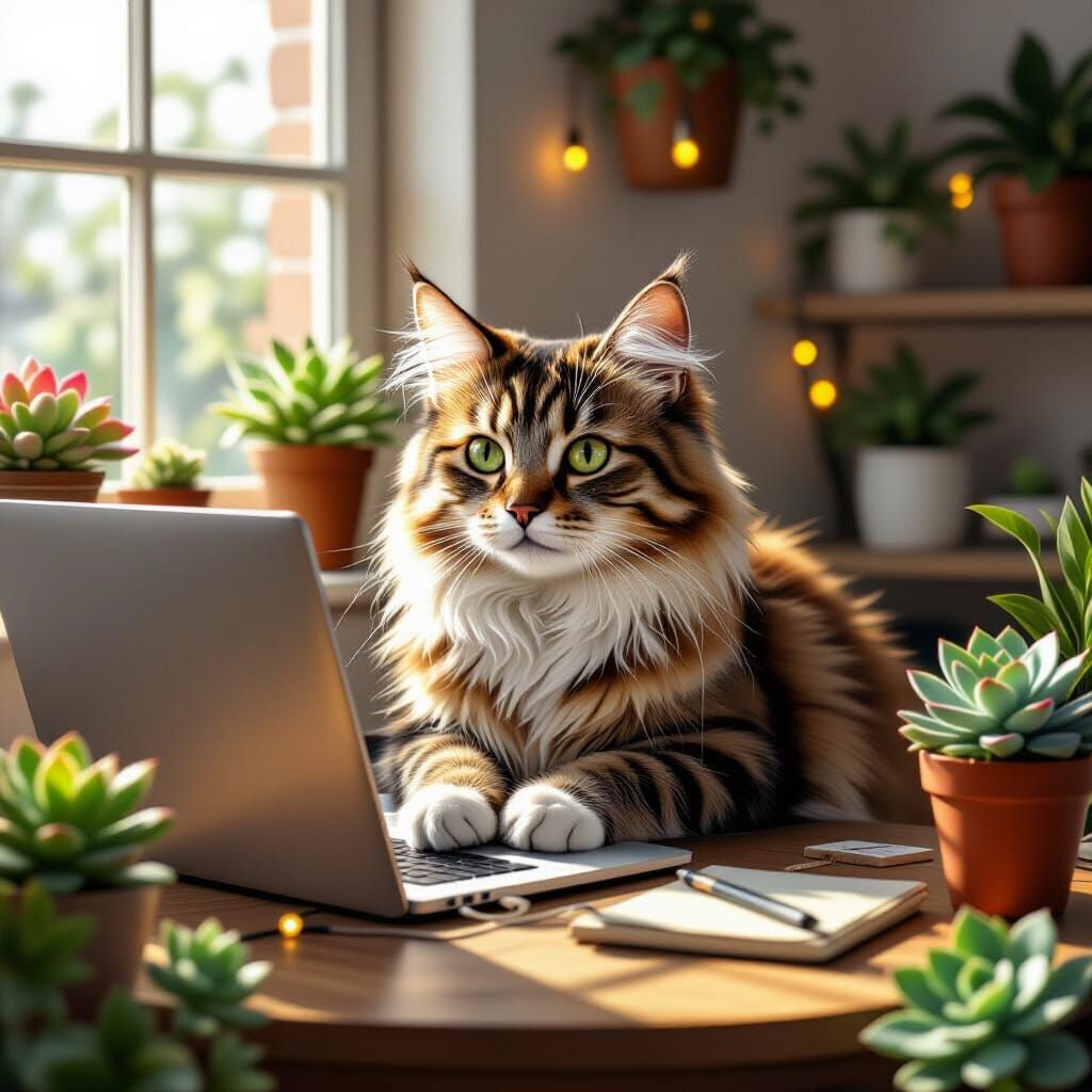 Millennial Cat in Cozy Workspace as Fantasy Art