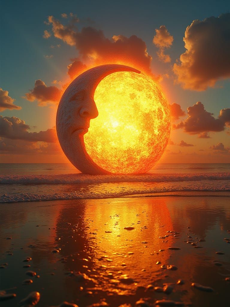Surreal Yin Yang Sunset Beach in Surrealist Style