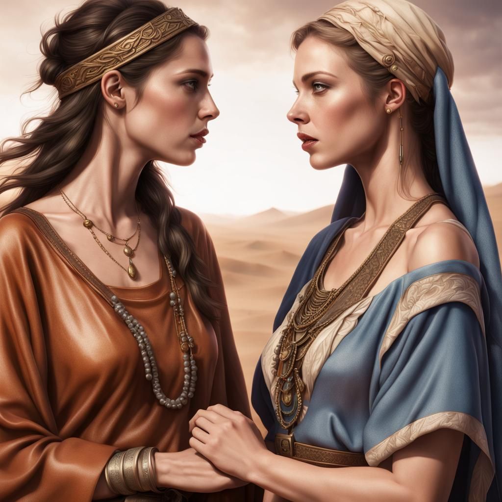 Biblical Women in Desert Attire: Detailed Digital Art