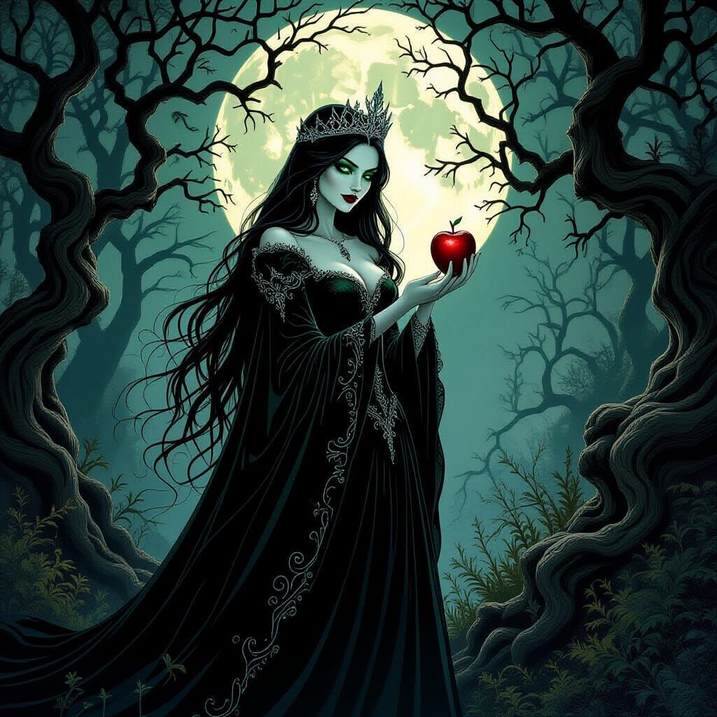 Wicked Queen with Poisoned Apple in Moonlit Forest