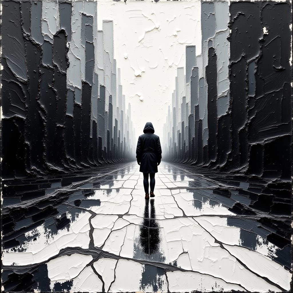 Monochromatic Impasto Cityscape: Lone Figure in Stark Contra...