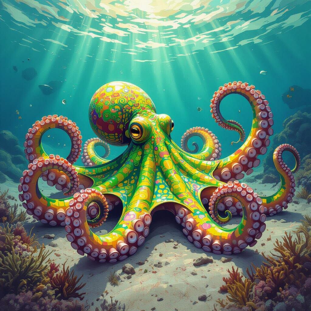 Vibrant Octopus Display in Matte Painting Style