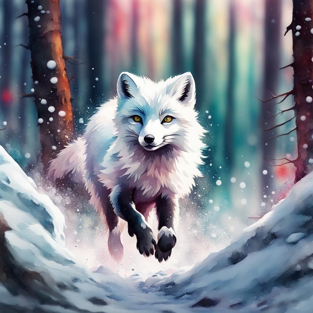Arctic Fox Runs Through Snowy Forest: Watercolor Graffiti Ar...