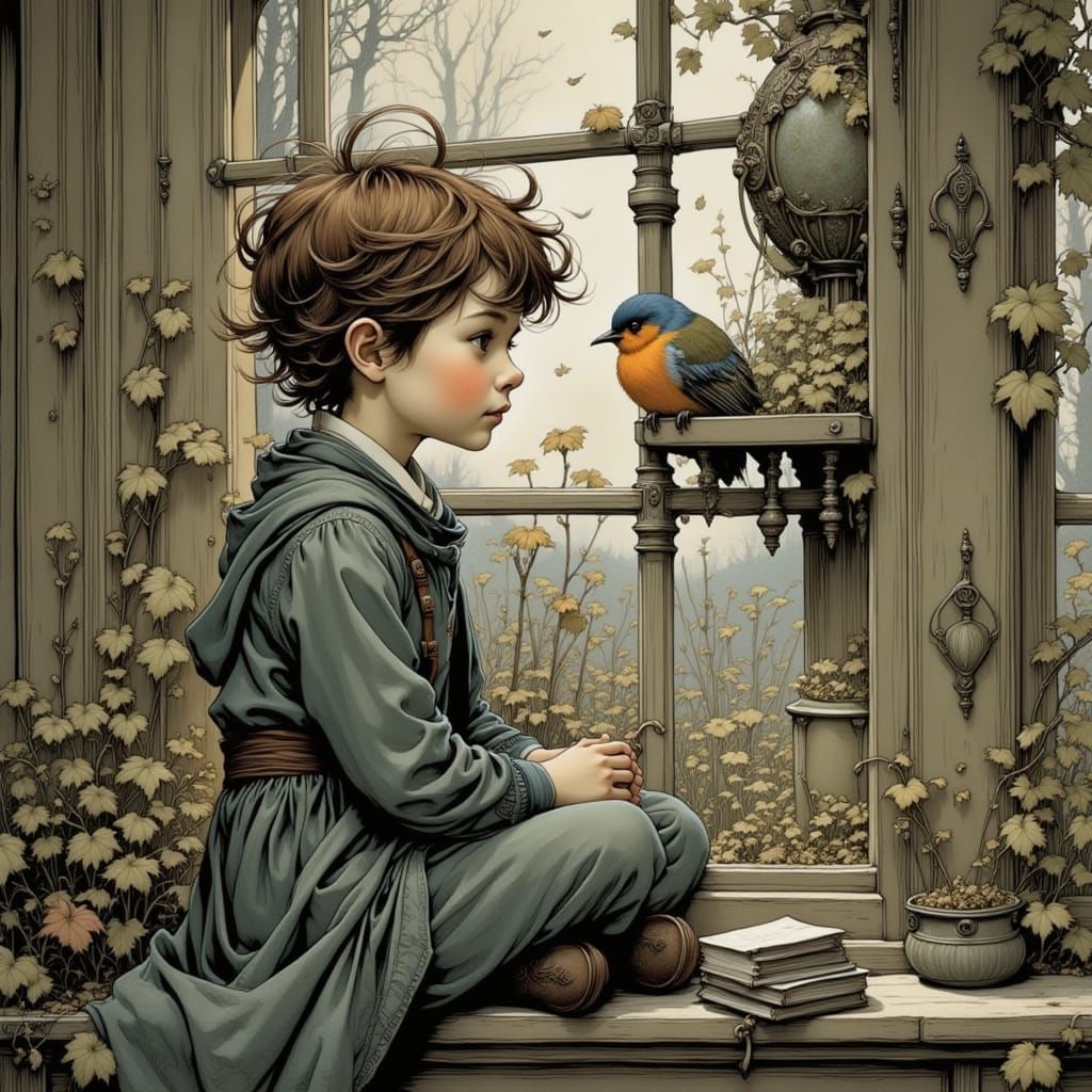 A Lonely Boy Enchanted by a Beautiful Bird's Melody in a Whi...