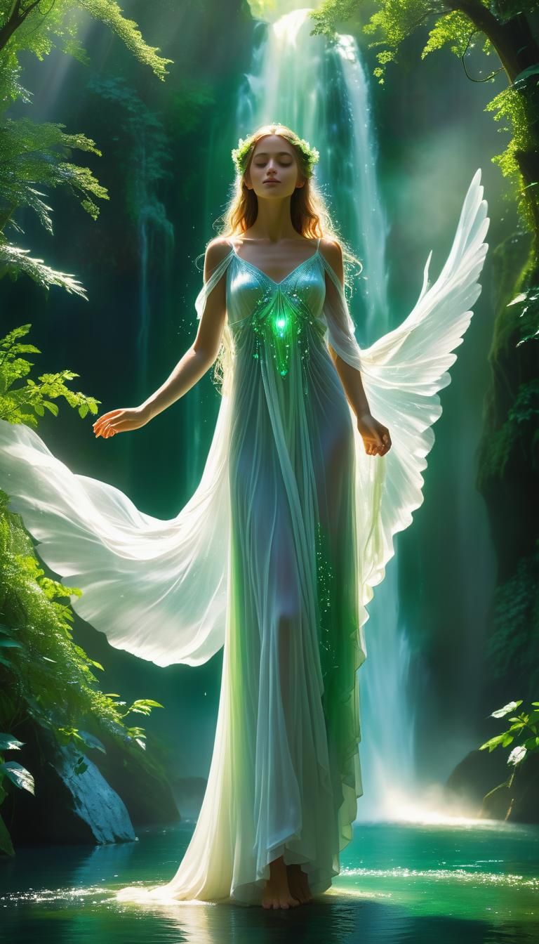 Waterfall Angel Emerges with Shimmering Wings