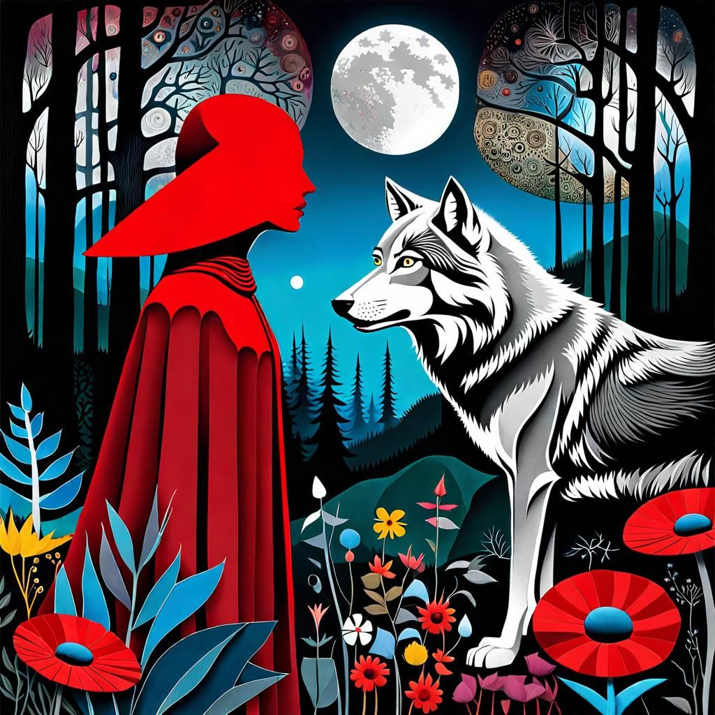 Double Exposure, Wolf in a forest and Red Ridinghood, Salvador Dali collaboration Paul Klee and Tim Burton, Picasso's ...