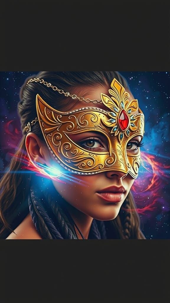 Woman in Ornate Golden Mask Against Cosmic Nebula