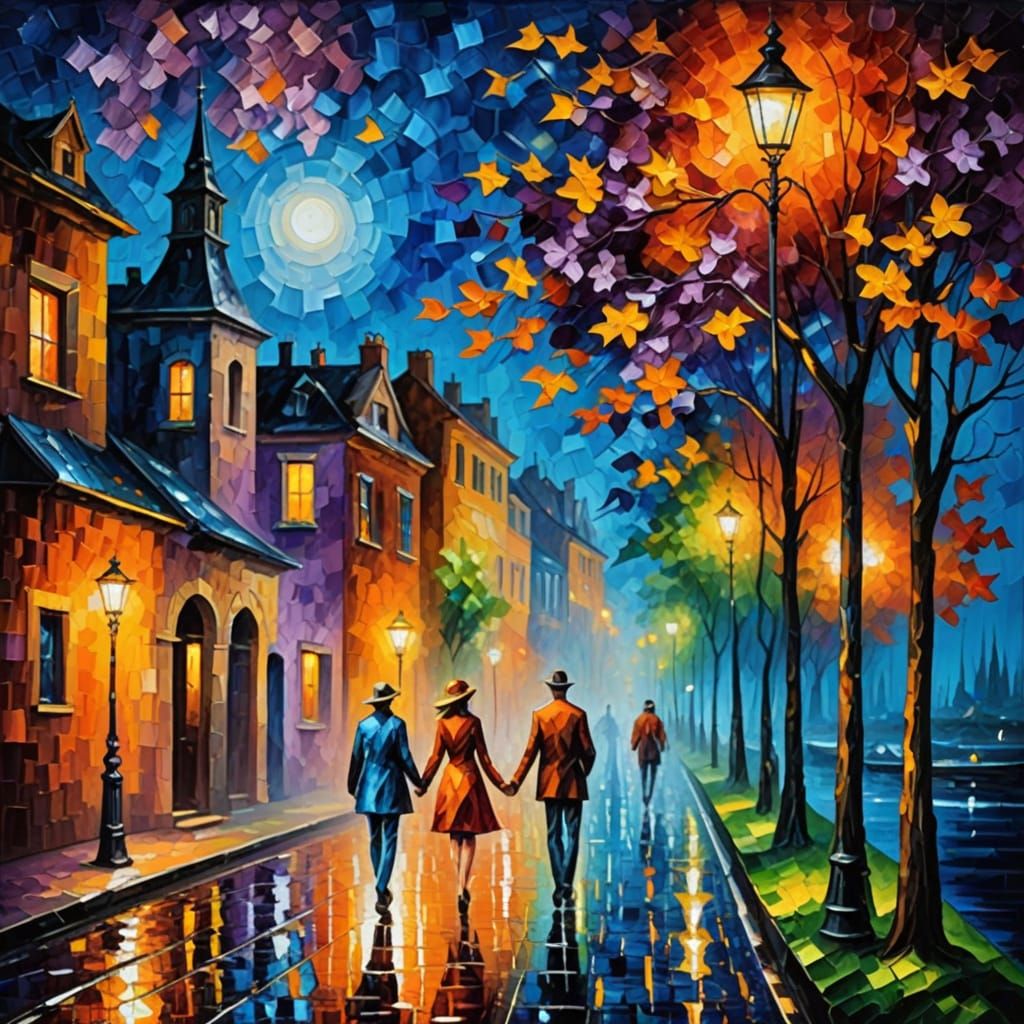 Impressionist Oil Painting of Couple and Dog at Night